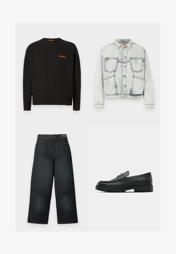 Lysvasket denimjakke med frontlukning med knapper, to brystlommer, lange ærmer og kontraststing detaljer.; Sort langærmet t-shirt lavet af bomuld, der har et lille orange "Replay Inc." logo på brystet, med rund halsudskæring og almindelig pasform.; Mørkeblå jeans med vide ben, knaplukning, fem lommer og gul syning. Stoffet ser let falmet ud.; Sorte læder loafers med rund tå, der har et syet design, lav platformssål og en struktureret, skridsikker gummisål.