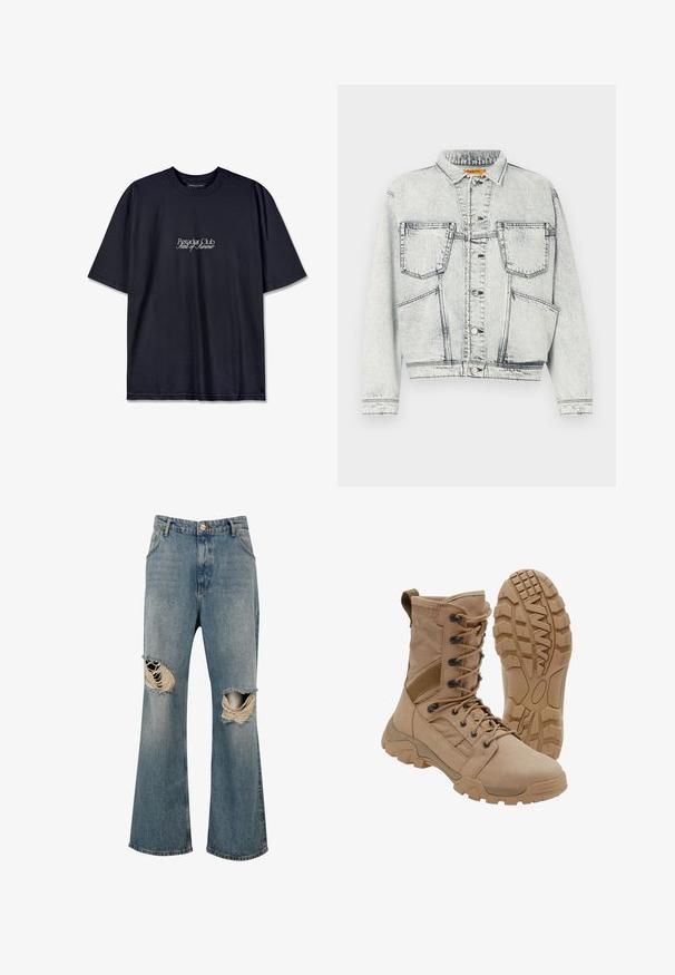 Hellblaue Jeansjacke mit durchgehender Knopfleiste, zwei Brusttaschen, langen Ärmeln und kontrastierenden Nähten.; Schwarzes Baumwoll-T-Shirt mit Rundhalsausschnitt, auf der Vorderseite mit einem weißen Drucklogo "Pescador Club" und "Scent of Summer" versehen. Kurze Ärmel.; Blaue Jeans aus Denim mit weitem Bein und großen zerrissenen Löchern an beiden Knien, die ausgefranste Kanten und weiße Fäden zeigen.; Brauner taktischer Stiefel mit schnürbarem Knöchel-Design und robuster Gummisohle, ein Stiefel steht aufrecht, der andere zeigt das Profil der Sohle.