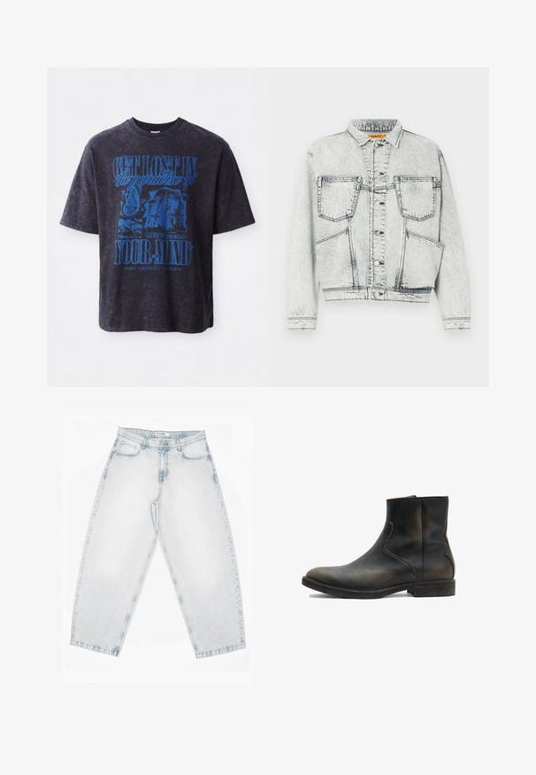 Licht gewassen denim jacket met voor sluiting met knopen, twee borstzakken, lange mouwen en contrasterende stiksel details.; Zwart oversized T-shirt met blauwe grafische print met tekst en afbeeldingen, gemaakt van katoen met een gewassen textuur en een ronde hals.; Lichtgewassen spijkerbroek met een hoge taille, rechte, wijde pijpen, knoop- en ritssluiting en voor- en achterzakken.; AllSaints LANG - Lage laarzen - brown