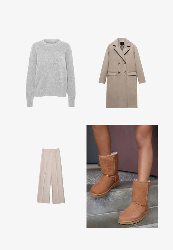 Beige wollen jas met een dubbelzijdig ontwerp, geknoopte kleppen en twee voorzakken. Gladde textuur met donkere ronde knopen.; Grijze gebreide trui met lange mouwen, ronde hals, geribbelde manchetten en zoom, met een zachte textuur en een relaxte pasvorm.; Beige wijde broek gemaakt van een zachte stof, met opvallende voorplooien en een op maat gemaakte hoge taille, zonder zichtbare zakken.; Bruine suède enkellaarsjes met een ronde neus, zachte voering en een rubberen zool, met zichtbaar stiksel langs de naden.