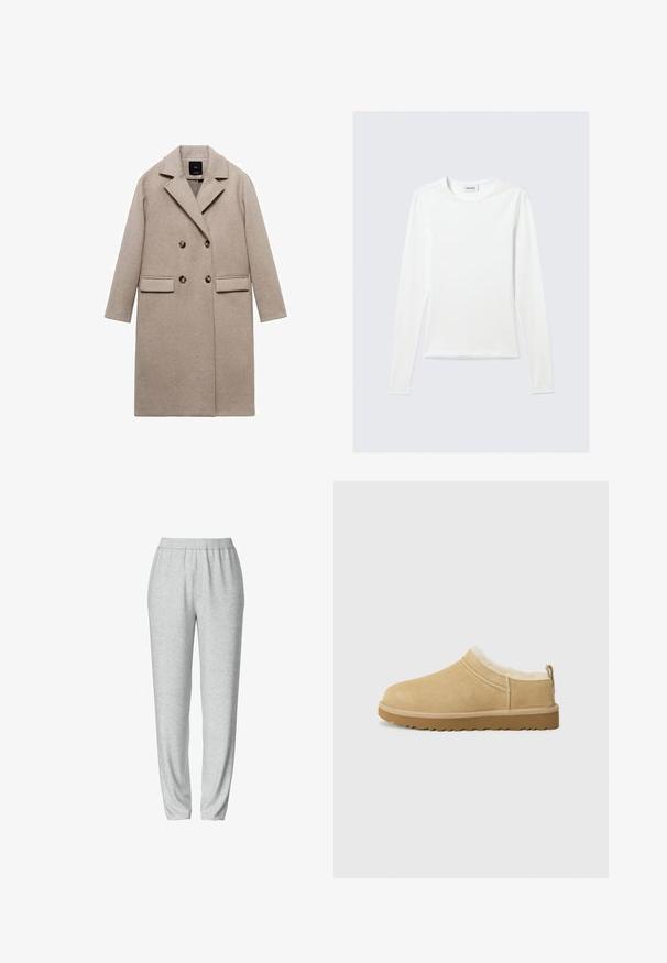 Beige wollen jas met een dubbelzijdig ontwerp, geknoopte kleppen en twee voorzakken. Gladde textuur met donkere ronde knopen.; Effen wit shirt met lange mouwen en ronde hals, slim fit, afgebeeld tegen een lichtgrijze achtergrond.; Grijze sweatpants met een elastische tailleband, taps toelopend ontwerp, zachte textuur en zonder zichtbare patronen of hardwaredetails.; Suède instap schoenen in licht bruin, met een zachte bontvoering en een gemeleerde rubberen zool met een lichte hak en een trekhaakje aan de achterkant voor gemakkelijk aan- en uittrekken.