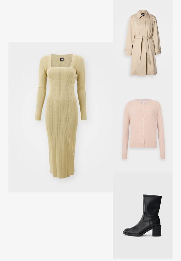 Beige Trenchcoat mit tailliertem Gürtel, geknöpften Bündchen und Kragen. Hergestellt aus glattem, leichtem Material.; Helles rosa Cardigan aus weichem Material, mit rundem Halsausschnitt, fünf Knöpfen auf der Vorderseite sowie gerippten Bündchen und Saum.; Strickkleid mit langen Ärmeln in hellem Beige, quadratischem Ausschnitt, gerippter Textur und vertikalen Streifen. Figurschmeichelndes Design mit knielanger Länge.; Schwarze Leder-Ankle Boots mit runder Zehenform, glatter Oberfläche und dicker Absatz, ausgestattet mit einem eng anliegenden Schaft und subtilen Nähten.