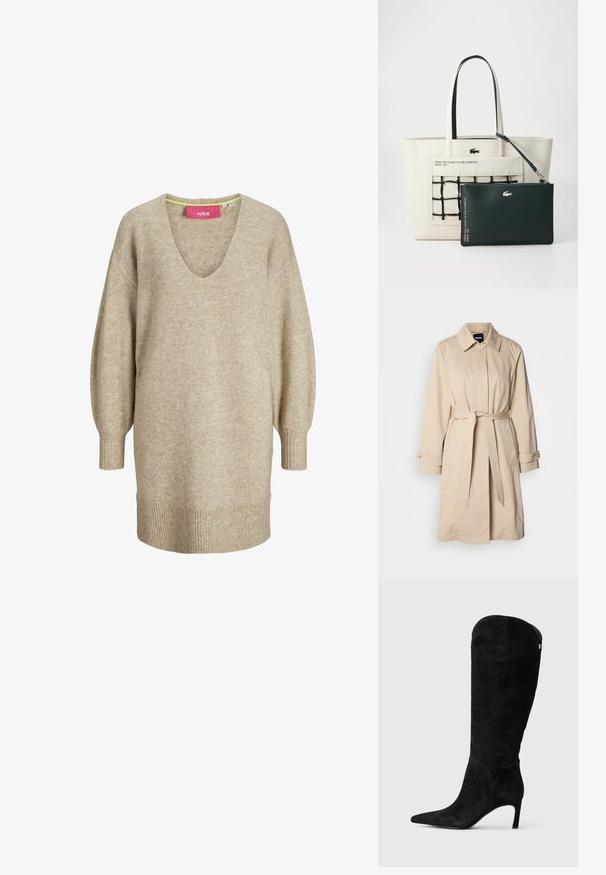 Beige trench coat vööga, nööpide ja kaelusega. Valmistatud siledast, kergest kangast.; Beežikas pikkade varrukatega kootud kampsunisärk V-kaelusega ning soonikkoes mansettide ja alaosaga, millel on lahtine ja mugav lõige.; Pikk mustad nahast kuni põlveni ulatuvad saapad terava nina ja kitsaste keskmise kõrgusega kontsadega heledal hallil taustal.; Käekott kreemjas valges, millel on ruuduline muster ja tikitud logo. Koos hõlpsasti eemaldatava tumeroheline kotiga, millel on tekstureeritud pind ja hõbedased detailid.