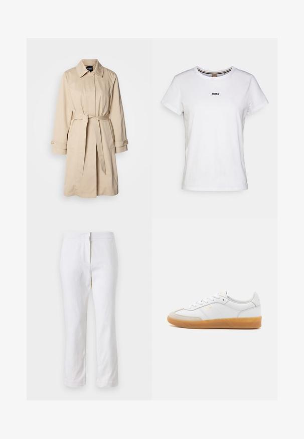 Trench coat beige con cintura ceñida, puños abotonados y cuello con solapa. Fabricado con un tejido suave y ligero.; Camiseta de algodón blanca con mangas cortas, cuello redondo y un pequeño logo negro "BOSS" en el pecho, con una textura suave.; Pantalones de algodón blancos con un diseño de pierna recta, que cuentan con una cintura de media altura y sin herrajes o patrones visibles. Textura suave en todo su recorrido.; Zapatilla de cuero blanca con acentos de ante beige, suela de goma y diseño de cordones. Presenta un sutil logo en dorado.