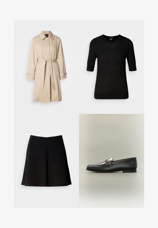 Beige trenchcoat med bælte i taljen, knaplukning ved ærmerne og krave. Fremstillet af glat, letvægtsstof.; Sort T-shirt med korte ærmer lavet af fin merinould. Rund halsudskæring, slim fit, glat tekstur, minimalt design, ingen synlige mønstre eller accenter.; Sort flagrende nederdel lavet af blødt stof, med en tætsiddende talje og sømdetaljer. Glat tekstur med et enkelt, klassisk design.; Sort læderloafer med sølv øverste, gyldent kædedetalje, lav hæl og rundet tå på neutral baggrund.