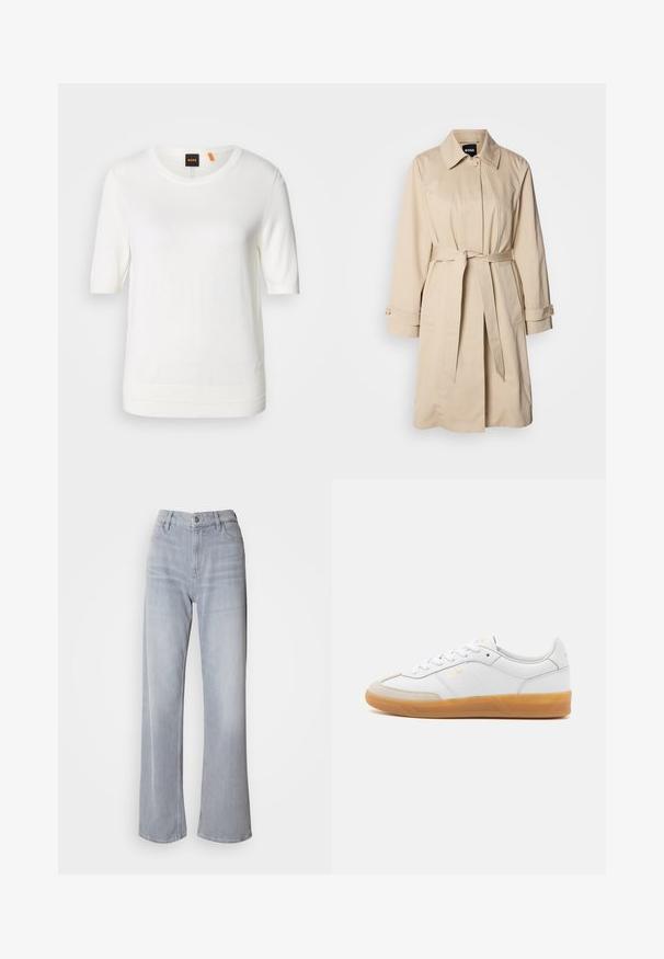 Beige trenchcoat med bælte i taljen, knaplukning ved ærmerne og krave. Fremstillet af glat, letvægtsstof.; Hvid kortærmet strik-top med rund halsudskæring, ribkant og blød tekstur. Logomærke med orange detalje ved kraven.; Lys grå vidde jeans med høj talje, lavet af denim. Har forlommer, lynlås og subtil falmen over det hele.; Hvide lædersneakers med beige ruskindsdetaljer, gummisål og snøredesign. Har diskret branding i guld.