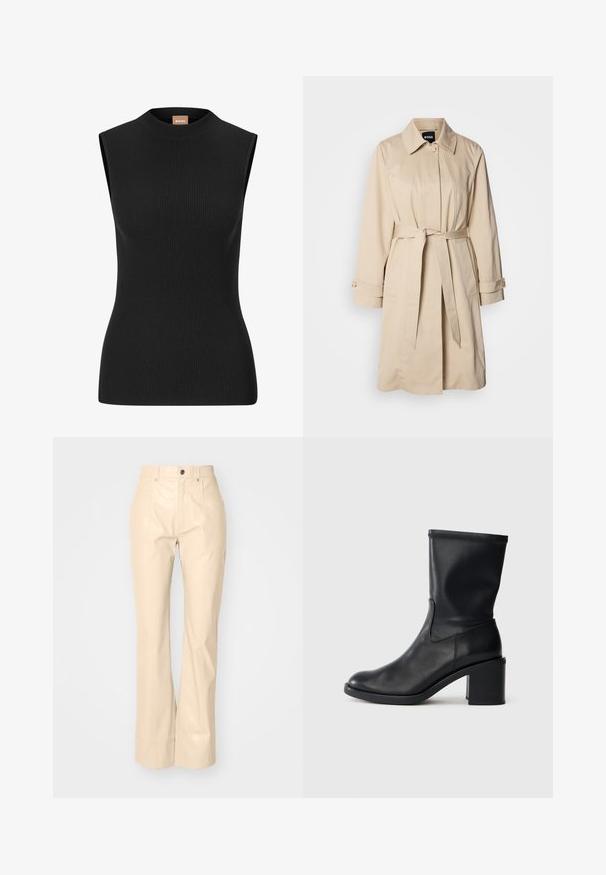 Béžový trench coat s opaskom v páse, gombíkovými manžetami a límcom. Vyrobený z hladkej, ľahkej tkaniny.; Svetlový čierny rebrovaný top bez rukávov s vysokým výstrihom a priliehavým strihom, vyrobený z elastického materiálu. Obsahuje minimálne značkovanie na krku.; Béžové štruktúrované nohavice s rozšírenými nohavicami z umelého kože s hladkou textúrou, prednými vreckami, zapínaním na gombík a jemným lesklým povrchom.; Čierne kožené členkové topánky s okrúhlou špičkou, hladkou textúrou a robustným podpätkom, s priliehavým zvrškom a jemným prešívaním.