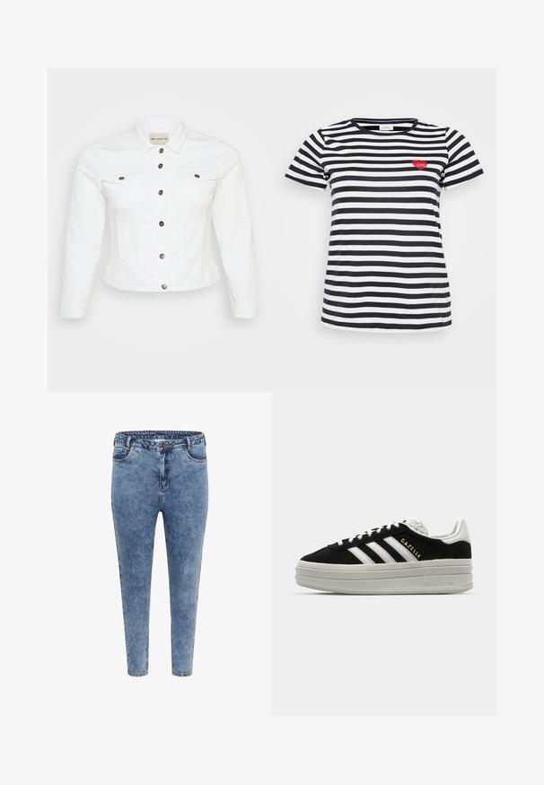 Witte denimjack met lange mouwen, knoopsluiting, twee borstzakken en zilverkleurige knopen. Glad textuur en cropped ontwerp.; Zwart-wit gestreepte T-shirt met een ronde hals en korte mouwen, voorzien van een kleine rode hartborduursel op de linkerkant van de borst.; Blauwe denim skinny jeans met een hoge taille, vijf zakken en een ritsluiting. De stof heeft een licht vervaagde textuur met contrasterende stiksels.; Zwarte suède sneaker met witte leren accenten, drie witte strepen, platte veters en een dikke grijze platformzool. Gouden "Gazelle" branding.
