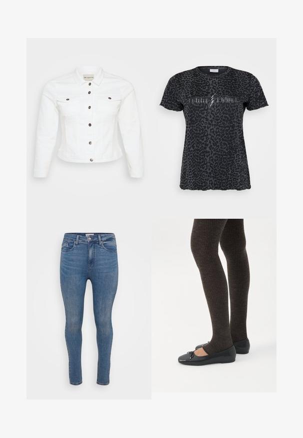 Valge denimpusa pikkade varrukatega, nööpidega ees, kahe rindkere taskuga ja hõbedaste nuppudega. Sile tekstuur ja lühike disain.; ONLY Carmakoma CARMIKO WASHED SS REG TEE JRS - Trükipildiga T-särk - phantom; Keskmise sinise denimi kitsad teksad, millel on sile tekstuur, viie tasku disain ja tõmblukk. Omavad peent tuhmumist ja tooni järgi õmblemist.; Jalad seljas tumedad soonelises soonelises kombines mustade baleriinadega, millel on väikesed paelade detailid valgel taustal.