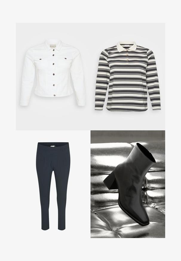 Veste en denim blanche à manches longues, devant à boutons, deux poches poitrine et boutons argentés. Texture lisse et design court.; Polo à manches longues avec un motif rayé noir et blanc, doté d'un col blanc en contraste et de trois accents de boutons décoratifs.; Pantalon sur mesure bleu marine, avec une texture lisse, présentant des plis à l'avant et une taille élastique pour le confort.; Botte noire à la cheville en matériau brillant avec un bout carré et un talon effilé, sur un fond argenté brillant et capitonné.
