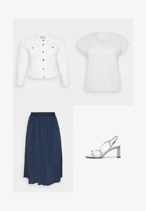 Veste en denim blanche à manches longues, devant à boutons, deux poches poitrine et boutons argentés. Texture lisse et design court.; T-shirt blanc à manches courtes et en V avec une texture scintillante subtile, offrant une coupe décontractée et sans motifs ni accents visibles.; Jupe plissée bleu marine avec une taille ornée de bords festonnés. Fabriquée en tissu léger, la jupe possède un design fluide et une texture douce.; Sandale blanche à brides avec une lanière plate au niveau des orteils, un talon bloc et une bride réglable à la cheville avec une boucle métallique.