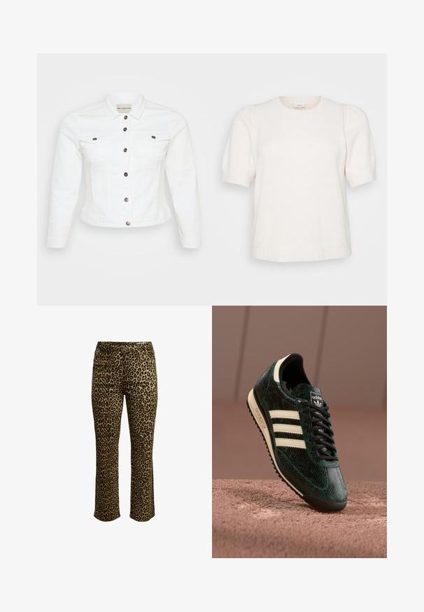 Hvid denimjakke med lange ærmer, knaplukning foran, to brystlommer og sølvfarvede knapper. Glat tekstur og cropped design.; Kortærmet, cremefarvet sweater lavet af blødt stof. Har en rund halsudskæring og diskrete puff ærmer for ekstra volumen.; Leopardmønstret bukser med slim fit, knaplukning og syning i taljen samt let stræk for komfort.; Grønne teksturerede sneakers med et slangeskinds-mønster, som har tre cremede striber, sorte snørebånd og en sort ydersål. Klassisk Adidas branding.