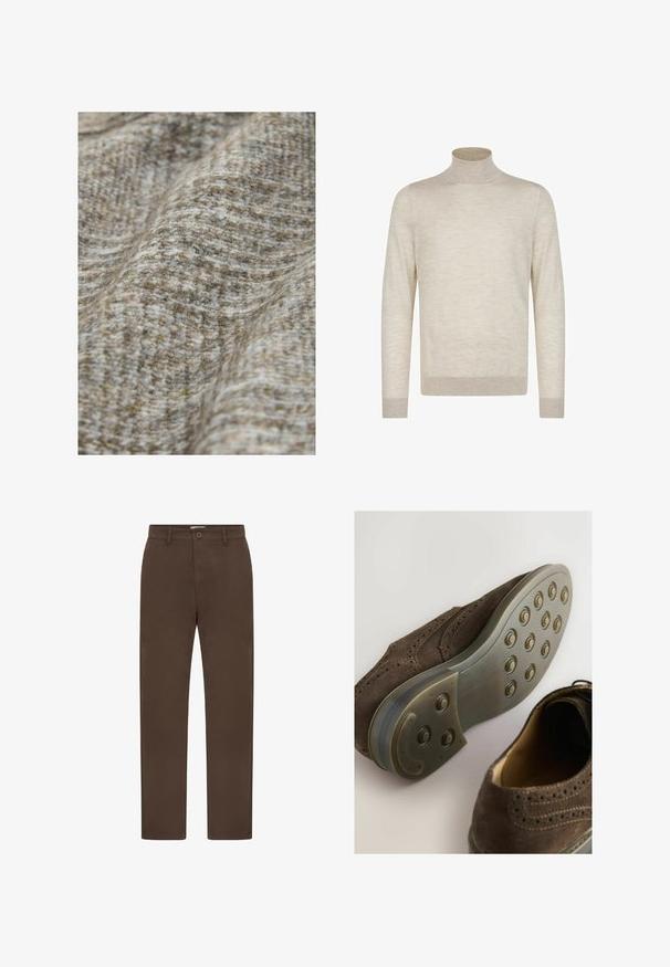 Tissu en laine avec une surface douce et texturée, dans un motif à carreaux atténués mêlant des tons beige, gris et marron clair.; Pull à col roulé beige clair à manches longues, avec des poignets et un ourlet côtelés, présenté sur un fond blanc.; Chinos droits pour hommes en marron foncé avec passants de ceinture, poches latérales, fermeture à bouton et braguette à fermeture éclair.; Chaussure oxford en suede marron avec un bout arrondi, un design perforé et une semelle en caoutchouc avec des motifs de tread circulaires.