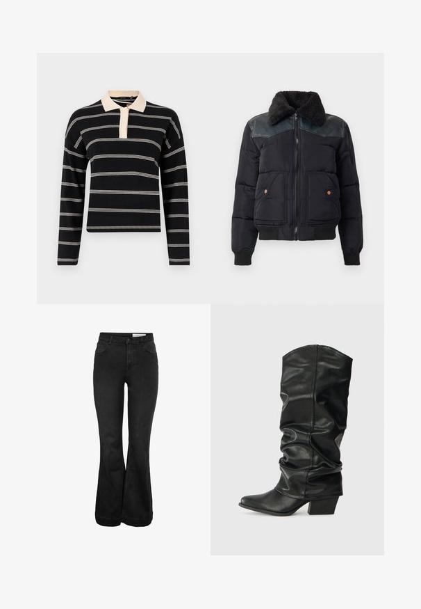 Musternahk must jacket musträ in musta, millel on faux karvakaelus. Omab nahast õlavarre aktsente, ribalaiuseid mansette ning kahte esi-taskut pronksiate nuppudega.; Must teeš pikkade varrukatega poloko shirt musta värviga, millel on kreemja värvi horisontaalsed triibud, sisaldab kreemjat kraed ja kolme nupuga lukku. Pehme kudumise tekstuur.; Mustad kõrge vöökohaga lehvitatud teksad, millel on nupuga ja lukuga kinnis, esimesed ning münditaskud ja vööaasad.; Mustad musta nahka kõrge säärega saapad, millel on laotud disain, terav nina ja jäme konts, sile pind ja minimaalne õmblus.