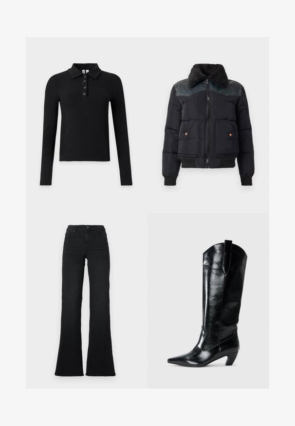 Chaqueta tipo puffers en negro con cuello de piel sintética. Presenta acentos de cuero en los hombros, puños acanalados y dos bolsillos frontales con botones de cobre.; Polo negro de manga larga con canalé, cuello y cuatro botones de ojal metálicos en la tapeta.; Jeans de mezclilla negros de cintura alta y pierna acampanada con bolsillos frontales, trabillas y cierre de botón sobre un fondo blanco.; Botas de cuero negras hasta la rodilla con punta afilada, tacón bajo y detalle de costura decorativa en los laterales. Acabado suave y brillante.