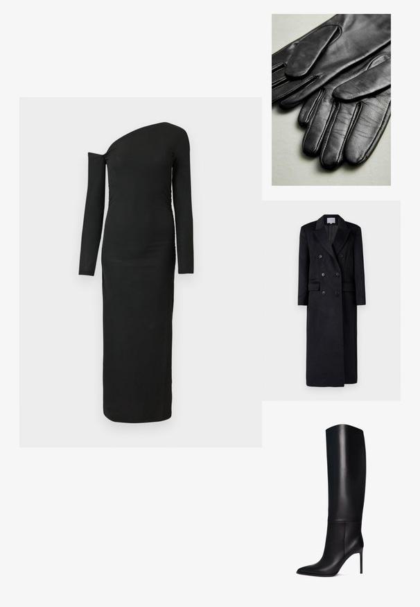 Doppelt gefütterter schwarzer Wollmantel mit Reverskragen, langen Ärmeln und geradem Schnitt. Verfügt über zwei frontale Taschen und Knopfdetails.; Schwarzes, eng anliegendes Langarmkleid mit asymmetrischem Ausschnitt und gerafftem Seitendetail, aus geripptem Stoff gefertigt.; Knöchelhohe schwarze Leder-Stiletto-Stiefel mit spitzem Zeh. Glatte Textur, strukturiertes Design und schmaler hoher Absatz. Keine sichtbaren Beschläge oder Muster.; Schwarze Lederhandschuhe mit glatter Textur, die Nähte entlang der Finger und ein tailliertes Design aufweisen. Weiches, geschmeidiges Material für Komfort.