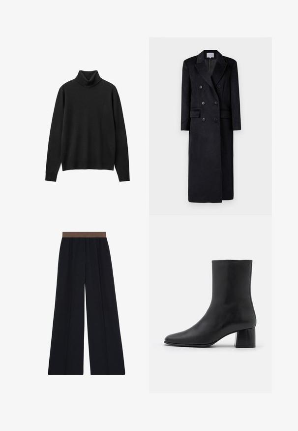 Abrigo de lana negro de doble botonadura con cuello con muesca, mangas largas y silueta recta. Cuenta con dos bolsillos frontales y detalles de botones.; Suéter negro de cuello alto hecho de suave tejido de punto. Presenta mangas largas, un corte relajado y un diseño de cuello alto. Sin patrones ni adornos.; Pantalones negros de pierna ancha con cintura elástica marrón y detalles de pliegues delanteros, exhibidos sobre un fondo blanco.; Botín negro de cuero hasta el tobillo con punta afilada y un tacón cuadrado y grueso. Textura suave con un diseño sin costuras y un estilo minimalista en las costuras.