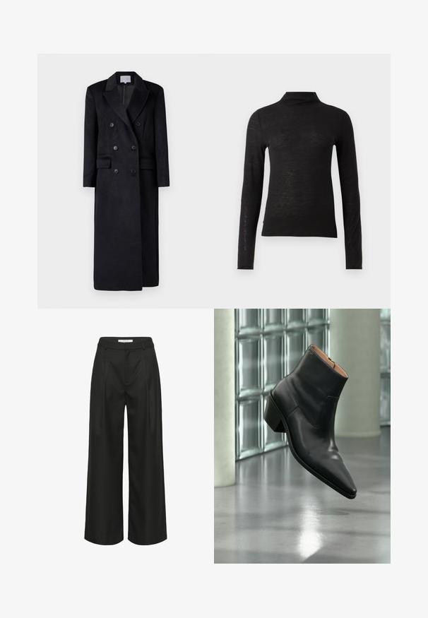 Manteau noir en laine croisée avec un col à revers, des manches longues et une silhouette droite. Comprend deux poches avant et des accents de boutons.; Haut noir à manches longues et col roulé en matériau texturé, avec une coupe ajustée et un design minimaliste sans motifs ni éléments matériels visibles.; Pantalon noir à jambes larges avec une coupe ajustée, doté d'une taille haute, de plis à l'avant et d'une texture de tissu lisse. Convient pour une tenue formelle.; Bottine en cuir noir avec un bout pointu et un talon carré lévitant au-dessus d'un sol gris réfléchissant près d'un mur en blocs de verre.