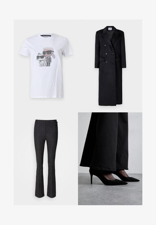 Manteau noir en laine croisée avec un col à revers, des manches longues et une silhouette droite. Comprend deux poches avant et des accents de boutons.; T-shirt blanc en coton avec un design graphique représentant un personnage et un chat portant des lunettes de soleil, rehaussé de détails noirs et gris.; Pantalon noir évasé en tissu texturé avec un motif tissé subtil et une fermeture à bouton sur le devant. Coupe ajustée qui valorise la silhouette.; Des chaussures à talons hauts en suede noir avec des bouts pointus, portées avec un pantalon large noir, présentent un design élégant et un léger éclat.