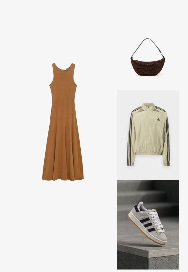 Beige lynlåsjakke med ståkrave, sorte striber på ærmerne og elastisk indsamlet kant. Har et Adidas-logo på brystet.; Brun ærmeløs maxikjole lavet af blødt stof, med en tætsiddende overdel og en flagrende nederdel. Enkel design uden synlige mønstre eller detaljer.; Grå Adidas Campus-sneaker med sorte striber og hvide snørebånd, der svæver over en betonkant med trapper i baggrunden.; Brun vævet håndtaske i halvmåneform med sort justerbar skulderrem og metal spænde på hvid baggrund.