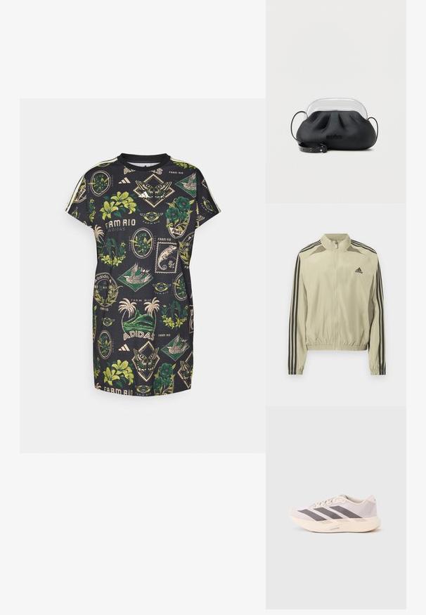 Beige jas met ritssluiting, opstaande kraag, zwarte strepen op de mouwen en een elastische zoom. Voorzien van een Adidas-logo op de borst.; adidas Sportswear FARM DRESS - Jerseyjurk - black/amazon green/preloved lime; Lichtgewicht sportieve sneakers in lichtroze en grijs, met een bovenwerk van mesh, drie donkere strepen, en een dikke crèmekleurige zool met het opschrift "LIGHTSTRIKE PRO".; Zwart zachte leren handtas met een doorzichtige plastic bovenhandvat en een zwarte verstelbare schouderriem, rustend op een wit oppervlak.