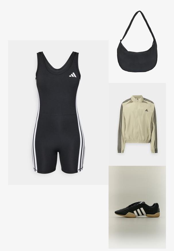 Veste beige à fermeture éclair avec col montant, rayures noires sur les manches et ourlet élastiqué froncé. Présente un logo Adidas sur la poitrine.; adidas Performance ONESIE - Combinaison d'échauffement - black/white; Chaussure de sport noire avec des bandes blanches et une semelle beige texturée sur un fond neutre, vue de profil.; Sac d'épaule en tissu noir avec une forme incurvée et une longue bandoulière unique, avec une fermeture éclair en haut.