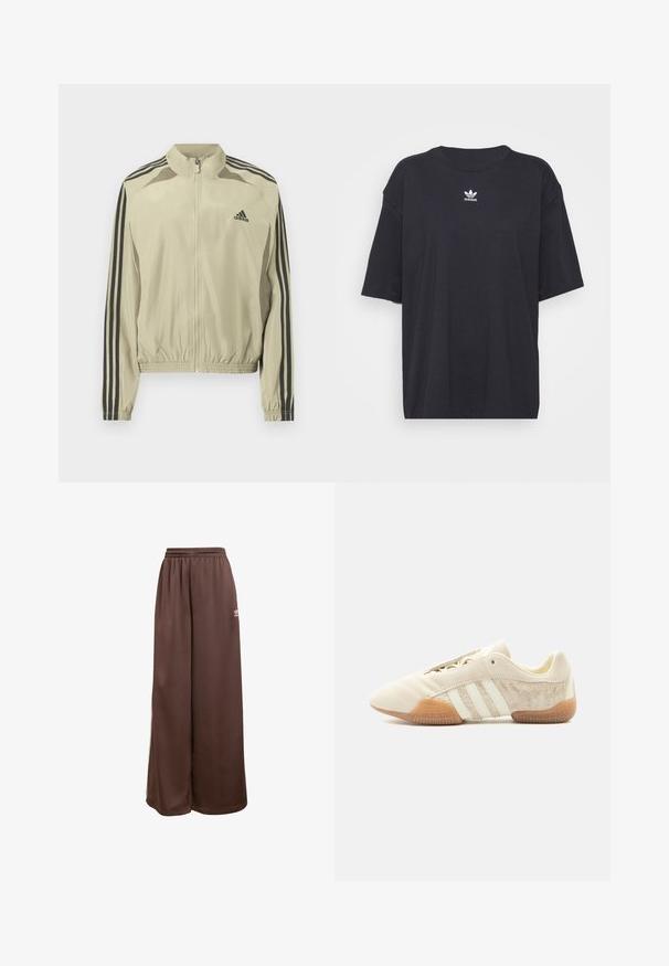 Chaqueta beige con cremallera y cuello alto, rayas negras en las mangas y dobladillo elástico fruncido. Presenta un logotipo de Adidas en el pecho.; Camiseta de algodón negra con mangas cortas, cuello redondo, presenta un logo blanco de Adidas en el pecho. Diseño simple, ajuste relajado.; adidas Originals Pantalones deportivos - auburn cream white; Zapatilla beige de perfil bajo con tres franjas blancas, paneles laterales de ante texturizado, suela de goma y cierre con cordones sobre un fondo liso.