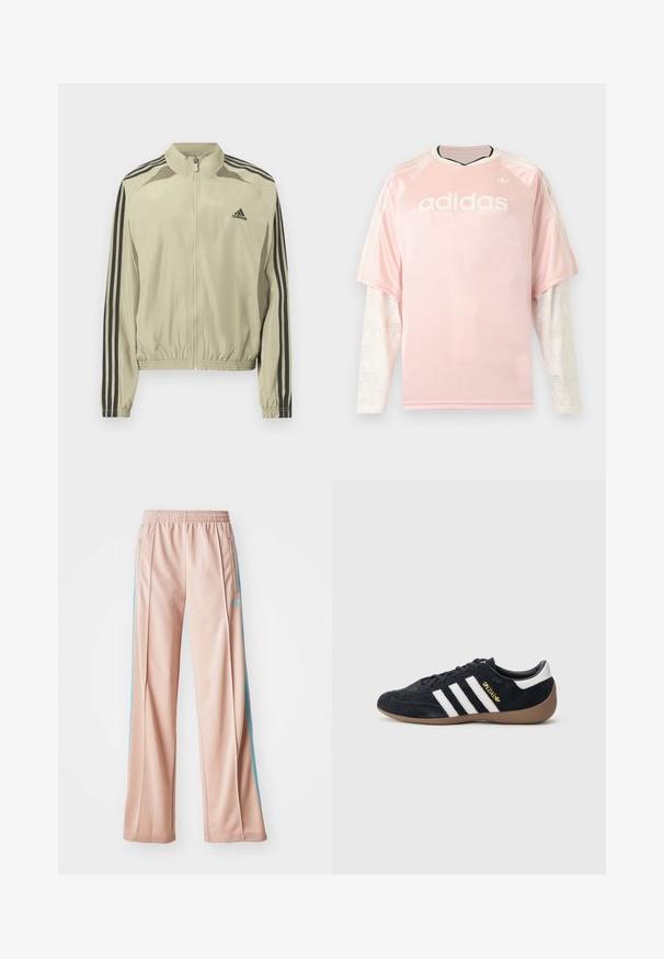 Beige lynlåsjakke med ståkrave, sorte striber på ærmerne og elastisk indsamlet kant. Har et Adidas-logo på brystet.; Lyserød Adidas langærmet trøje med hvide mønstrede mesh-ærmer og Adidas-logo på brystet mod en grå baggrund.; Lyserøde sportspants med afslappet pasform, der har blå sidestriber og en snoretræk i taljen. Fremstillet af glat, letvægtsstof.; Sort ruskindssneaker med tre hvide striber, gummisål og et lille gyldent logo på siden. Har en glat sort foring indvendigt.