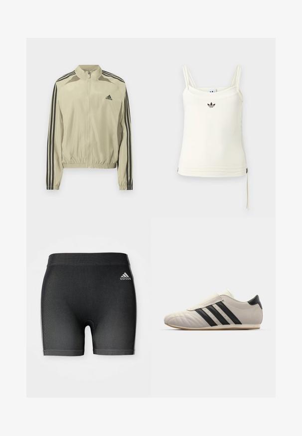 Beige lynlåsjakke med ståkrave, sorte striber på ærmerne og elastisk indsamlet kant. Har et Adidas-logo på brystet.; Cremefarvet tanktop med tynde stropper; Adidas-logo i sort på brystet. Glat stof med en snorejustering ved kanten. Enkel design.; Sorte atletiske shorts i et struktureret stof, med en elastisk talje og et lille hvidt Adidas-logo på øverste venstre side.; Lys grå sneakers med sorte striber, afrundet tå, glat læderoverdel, Velcro-lukning og gummisål.