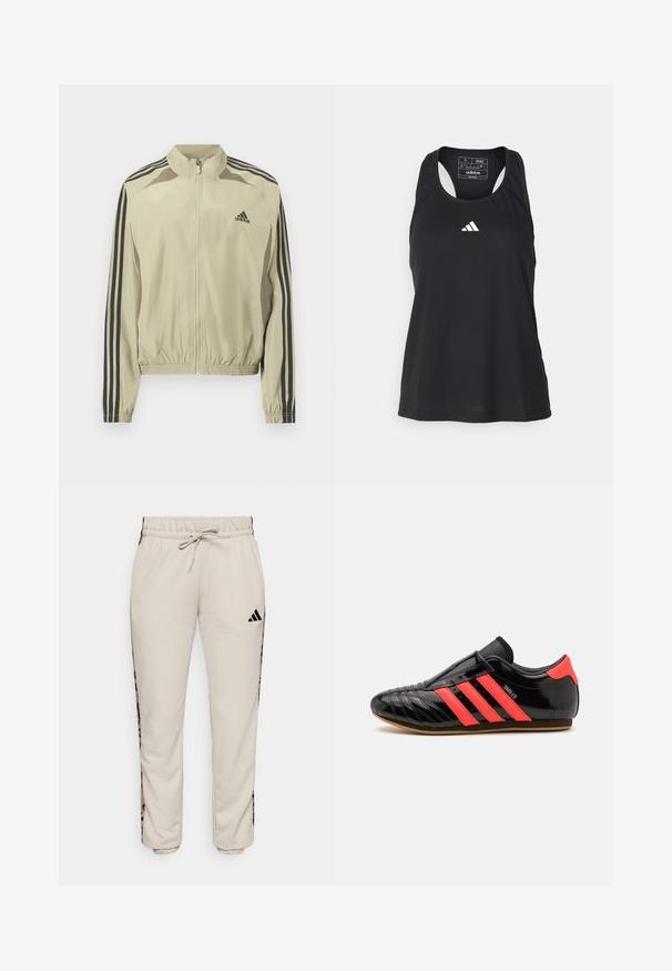 Beige lynlåsjakke med ståkrave, sorte striber på ærmerne og elastisk indsamlet kant. Har et Adidas-logo på brystet.; Sort ærmeløs atletisk tanktop med rund halsudskæring og hvidt logo på brystet. Fremstillet af et glat, let materiale.; Lys beige sweatpants lavet af blødt stof, med en snøre i taljen og sorte sideløbere med et leopardmønster.; Sorte atletiske sko med tre horisontale pink striber, slank design, glat patentlæderoverdel, gummisål, teksturerede syninger.