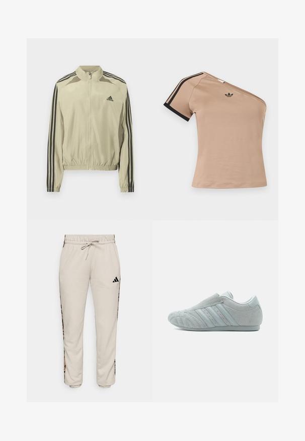 Beige Jacke mit Reißverschluss und Stehkragen, schwarzen Streifen an den Ärmeln und elastischem Saum mit Raffung. Auf der Brust befindet sich ein Adidas-Logo.; Beiger Ein-Schulter-Sporttop mit schwarzen Streifen am kurzen Ärmel und kleinem schwarzem Adidas-Logo auf der Brust.; Hellbeige Sweatpants aus weichem Stoff, mit einem verstellbaren Bund und schwarzen Seitenpaneelen mit einem Leopardenmuster.; Grauer Slip-On-Sneaker aus Wildleder mit strukturierter Oberfläche, drei seitlichen Streifen und abgerundeter Spitze. Gummisohle mit minimalen Designdetails.