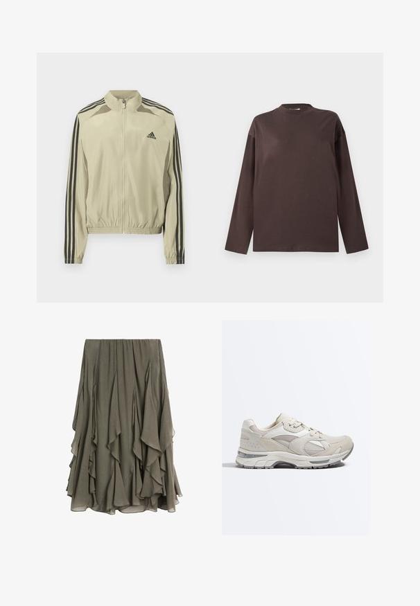 Beige Jacke mit Reißverschluss und Stehkragen, schwarzen Streifen an den Ärmeln und elastischem Saum mit Raffung. Auf der Brust befindet sich ein Adidas-Logo.; Braunes Langarm-T-Shirt aus weichem Material mit rundem Ausschnitt und lockerer Passform. Schlichtes Design, keine sichtbaren Muster oder Akzente.; Fließender olivgrüner Midirock mit geschichteten Rüschen und einem gerafften Bund, aus leichtem, halbtransparentem Stoff gefertigt.; Beige-weißer Sportschuh mit Mesh- und Wildlederpaneelen, Schnürverschluss und dicker, gepolsterter Sohle mit grauem Profil.