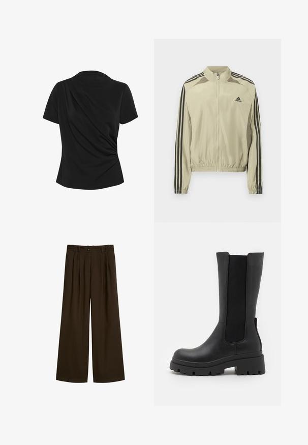 Chaqueta beige con cremallera y cuello alto, rayas negras en las mangas y dobladillo elástico fruncido. Presenta un logotipo de Adidas en el pecho.; Top negro de manga corta con detalles drapeados en la parte trasera, hecho de una tela suave, con un escote redondo y una silueta ajustada.; Pantalones de pierna ancha de color marrón oscuro con pliegues, cierre de botón y pasadores para cinturón, mostrados planos sobre un fondo blanco.; ONLY SHOES ONLDOJA - Botas con plataforma - black