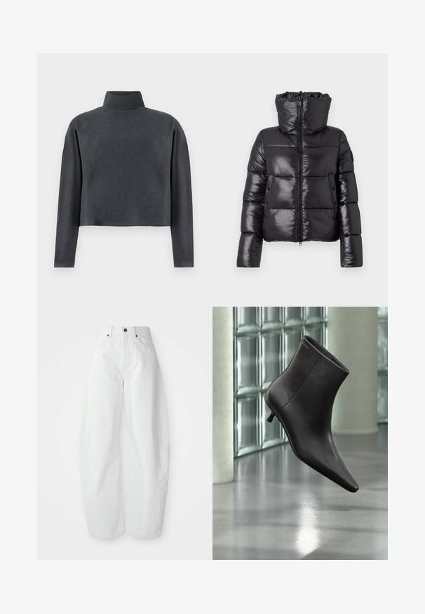 Schwarze Steppjacke mit glatter Oberfläche, hohem Kragen und Reißverschluss. Verfügt über große, gesteppten Bereiche und Seitentaschen.; DRYKORN ASIRAL - Sweatshirt - grey; Hochtaillierte weiße Denim-Hose mit lockerer Passform. Einfacher Knopfverschluss, seitliche Taschen und minimalistisches Design. Glatte Textur.; Schwarzer Leder-Knöchelstiefel mit spitzer Spitze und kleinem Absatz vor einer Wand aus Glasbausteinen und einem polierten Boden.