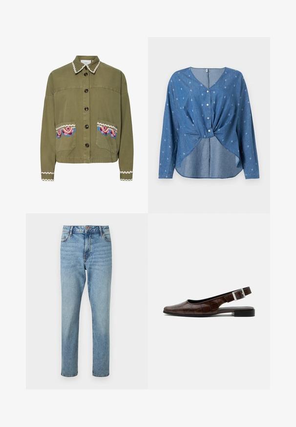 Chaqueta verde oliva con cuello de punta, grandes bolsillos frontales con diseños bordados coloridos y un borde decorativo blanco en forma de ondas.; Blusa azul de manga larga con botones y pequeños estampados blancos de paisley, con un detalle de nudo en la parte frontal y escote en V.; Vaqueros azul claro de tiro alto y pierna recta con cierre frontal de botón y cremallera, bolsillos delanteros y sutiles detalles descoloridos.; Zapato plano de piel marrón oscuro con tira trasera, punta cuadrada, textura de cocodrilo y hebilla plateada en la correa.