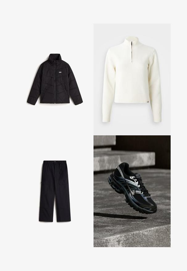 Chaqueta de plumas negra con cuello alto, cremallera frontal y logo de Vans. Cuenta con paneles acolchados y bolsillos laterales para mayor funcionalidad.; Suéter blanco con cuello de cremallera y mangas largas. Fabricado en un material de punto suave, con puños y dobladillo acanalados. Logo de la marca sutil en el dobladillo.; Pantalones cargo negros con una cintura elástica, cinturón ajustable y dos bolsillos laterales. Hechos de una tela ligera y texturizada.; Zapatilla de running Nike negra y plateada flotando sobre escalones de hormigón, mostrando diseño detallado y suela texturizada en un entorno exterior.