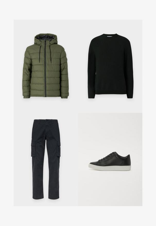 Doudoune vert olive avec capuche, dotée d'une fermeture éclair sur le devant, d'un design matelassé et d'accents noirs sur la fermeture éclair et les cordons de serrage.; Pull noir tricoté, col rond, tissu texturé, manches longues, poignets et ourlet côtelés, design minimaliste, sans motifs ni détails supplémentaires.; Pantalons cargo noirs en tissu résistant, dotés de deux poches latérales, de jambes droites et d'une fermeture à bouton à la taille.; Baskets en cuir noir avec un bout rond, semelle plate en caoutchouc blanc et lacets à six œillets. Texture lisse, style minimaliste.