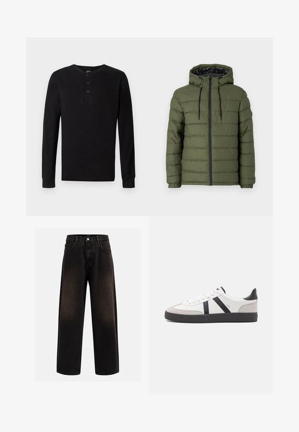 Olivenfarvet dunjakke med hætte, der har lynlås foran, quiltet design og sorte detaljer på lynlåsen og snore.; Sort langærmet henley skjorte med tre-knaps placket ved halsen, blød tekstur og ribbede manchetter, der har en klassisk pasform og minimalistisk design.; Sorte denim jeans med en afslappet pasform, der har bæltestropper, fem-lomme design og en knaplukning. Struktureret stof med let falmning.; Hvide sneakers med sorte og grå detaljer, med en tekstureret grå tåhætte, sort gummisål og flade hvide snørebånd. Rent design, minimalistisk stil.