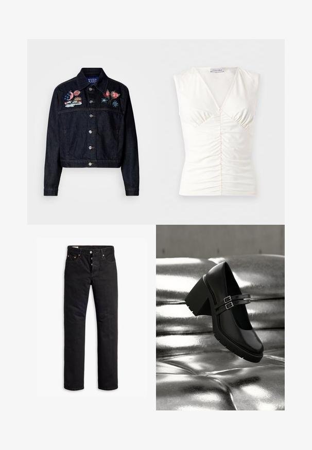 Veste en denim foncé avec des motifs floraux et célestes brodés sur la poitrine. Elle possède un col, un boutonnage à l'avant et une coupe courte.; Top blanc sans manches à col en V avec devant froncé et tissu légèrement extensible, marque Anna Field.; Jean en denim noir à coupe droite, avec un design à cinq poches et une fermeture éclair à boutons. Présente des rivets en cuivre et des accents de broderie.; Chaussure noire à talon épais avec double bride à boucle reposant sur une surface argentée capitonnée brillante, mettant en valeur la texture et le design de la chaussure.