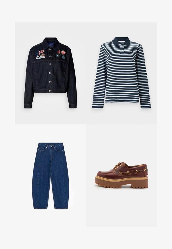 Mørk denimjakke med broderede blomster- og himmeldesigns på brystet. Har krave, knaplukning front og cropped længde.; Langærmet polo i marineblå og hvide striber, bomuldsmateriale, med en knappet krave og et lille logo på brystet.; Mørkeblå denimbukser med bred ben og høj talje, fem lommer og sølvhardware. Har synlige syninger og en glat tekstur.; Brune læder bådsko med en kraftig brun gummisål, gyldne snørehuller og kontraststing. Har et logo på siden.
