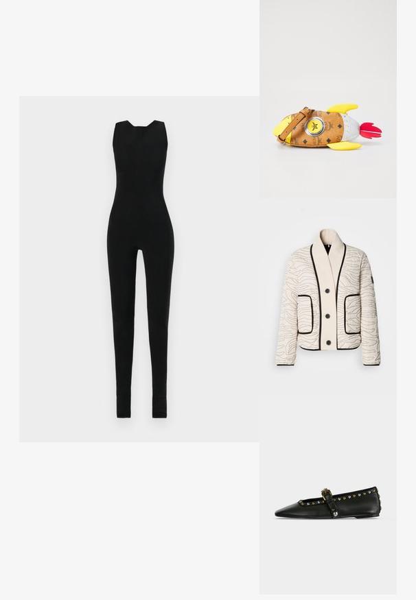 Cremefarvet quiltet jakke med sort abstrakt syning, sorte knapper, stor sjalskrave, to forlommer og sort kant på kanter og ærmekanter.; Sort jumpsuit med ærmeløst design, der har en rund halsudskæring og tætsiddende ben. Materialet ser glat og strækbart ud, uden yderligere detaljer.; Sort, spids flad sko med rem, guld- og sølvnitter langs kanten og et dekorativt metalspænde på lys baggrund.; Brun syntetisk håndtaske formet som en fisk, med gule finner, sølvrør og en cirkulær logodetail. Justerbar brun strop inkluderet.