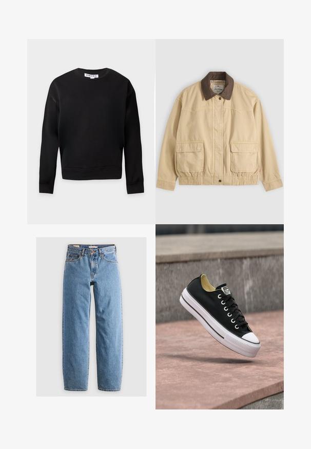 Beige afslappet jakke med mørkebrunt krave, to store forlommer med klap, knap- og lynlåslukning og elastisk detalje ved taljen.; Sort sweatshirt med lange ærmer og rund hals, med ribbenkanter ved ærmer og kant, vist på en ensartet lys baggrund.; Lysblå denim jeans med lige ben-design, fem lommer, lynlås og en subtil falmet tekstur. Klassisk stil med minimal hardware.; Sort lavskoet sneaker med hvid gummisål og tåhætte, som står på en lyserød betonoverflade nær en grå stenbænk.