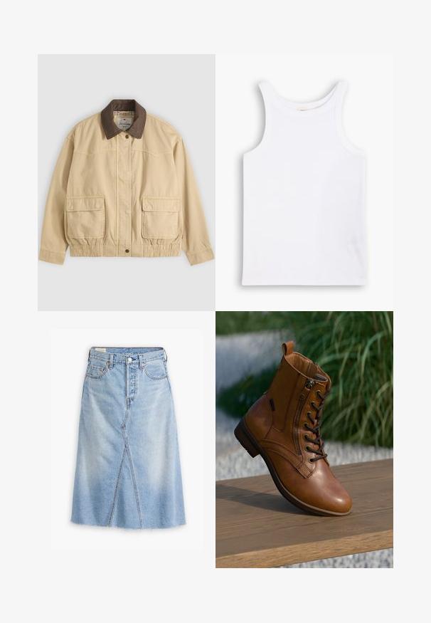Beige afslappet jakke med mørkebrunt krave, to store forlommer med klap, knap- og lynlåslukning og elastisk detalje ved taljen.; Hvid bomulds tanktop med brede skulderstropper, en rund halsudskæring og en glat, ribbet tekstur. Ingen mønstre eller detaljer til stede.; Lysblå denimnederdel med lige snit, frontspalte, filt kant, fem lommer og metalhardwaredetaljer.; Brun læderankelstøvle med lynlås på siden og snørebånd, placeret på en træoverflade udendørs med sløret grønt område i baggrunden.