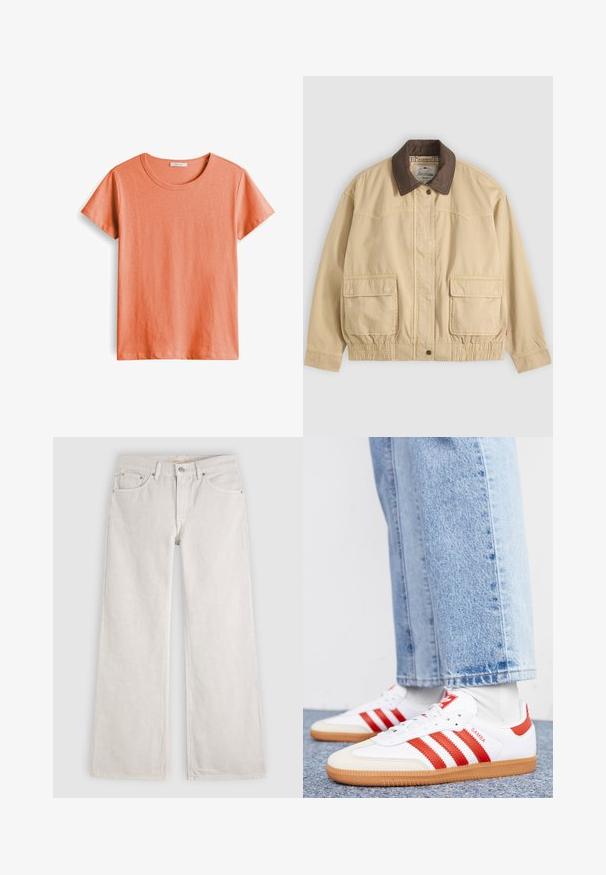 Beige casual jas met donkerbruine kraag, twee grote voorzakken met klep, knoop- en ritsluiting en elastische taille detail.; Korte mouwen T-shirt in licht koraal, gemaakt van zachte katoen, met een ronde hals en een gladde textuur zonder patronen of accenten.; Wijde off-white denim jeans met voorzakken, riemlussen, knoopsluiting en rits.; Witte leren sneakers met rode strepen en accenten. Voorzien van een getextureerde gumrubberen outsole en een gevoerde kraag. Draag ze met lichtblauwe denim.