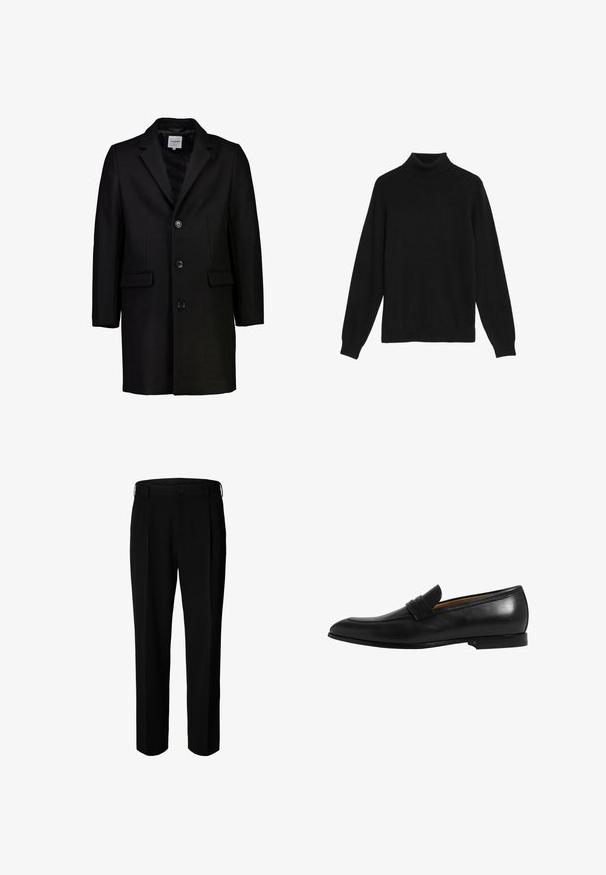 Sort uldfrakke med spidse lapeller, knaplukning og to forlommer. Har en glat indvendig foring og en skræddersyet facon.; Sort turtleneck sweater lavet af blødt strikket stof, med lange ærmer og en tætsiddende krave. Ingen synlige mønstre eller udsmykninger.; Sorte formelle bukser med bæltestropper, knap foran og lynlås, vist mod hvid baggrund.; Sort læderloafer med et elegant design, let spids tå og et dekorativt bånd over vamps. Glat tekstur og solid sål.