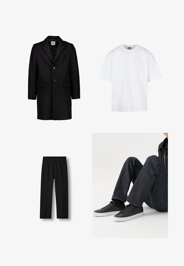 Manteau en laine noir avec un col cranté, fermeture à boutons et deux poches avant. Dispose d'une doublure intérieure lisse et d'une coupe ajustée.; T-shirt blanc à manches courtes avec un col rond, en coton, présentant une coupe décontractée et des détails de couture minimaux.; Pantalon noir droit avec plis devant, taille boutonnée et poches latérales sur un fond blanc uni.; Personne assise avec les jambes pliées, portant un jean bleu foncé et des baskets basses noires avec des semelles blanches sur fond blanc.