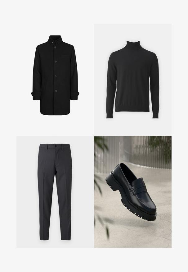 Sort uldblandingsfrakke med høj krave, knaplukning foran, to sidelommer og en brystlomme. Har manschetdetaljer ved ærmerne.; Sort turtleneck sweater lavet af blødt stof, med lange ærmer og ribbet krave, en glat tekstur og tætsiddende design.; Mørkegrå skræddersyede bukser med forreste knap og bæltestropper, vist fladt mod en hvid baggrund.; Sorte læder loafers med en chunky sål, der har en dekorativ rem og syninger. Glat tekstur med en poleret overflade.