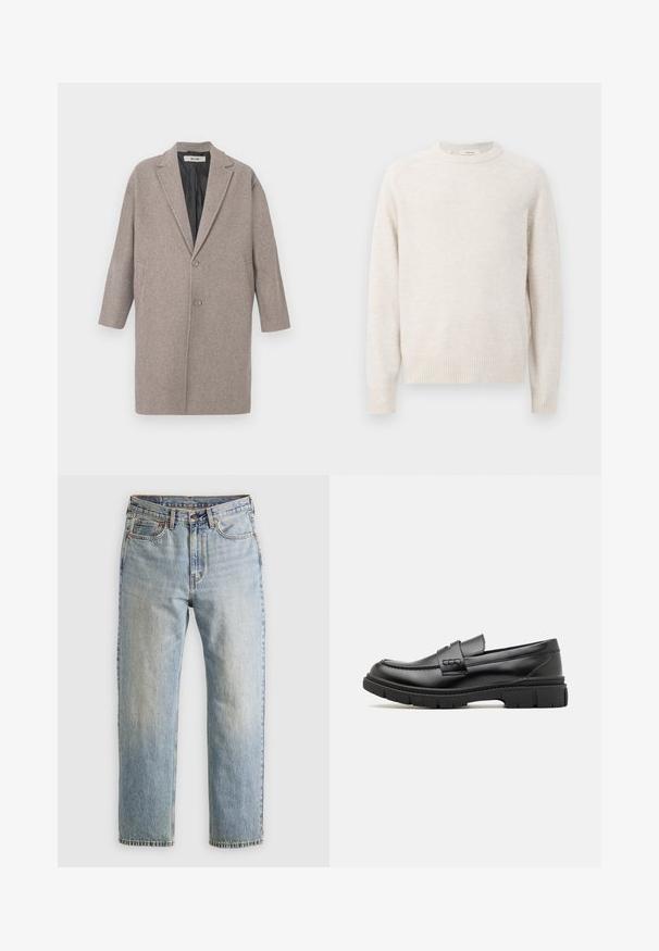 Manteau en laine grise avec un col cranté, deux poches avant, fermeture à un bouton et une doublure intérieure lisse. Coupe ajustée, oversize.; Pull crème avec un col rond, des poignets et un ourlet côtelés. Texture douce avec un design simple et épuré et des manches raglan.; Jean en denim bleu clair à taille haute, avec bouton avant, fermeture éclair et design à cinq poches, posé à plat sur un fond neutre.; Mocassin en cuir noir avec une large sangle sur le devant, semelle en caoutchouc à épaisse rainure, et texture lisse. Design classique et élégant.