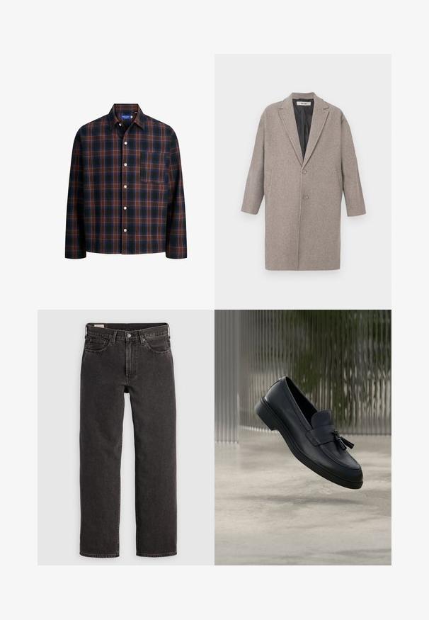 Manteau en laine grise avec un col cranté, deux poches avant, fermeture à un bouton et une doublure intérieure lisse. Coupe ajustée, oversize.; Chemise à manches longues à carreaux avec un motif de checks bleus, bruns et noirs, fermeture par boutons et poche poitrine. Fabriquée en tissu doux.; Jeans en denim noir avec une coupe droite, cinq poches et des tringles métalliques. Le tissu présente une légère texture et une finition unie.; Mocassins en cuir noir avec une texture lisse, un bout arrondi et des pampilles décoratives à l'avant. Semelle en caoutchouc flexible avec un petit talon.