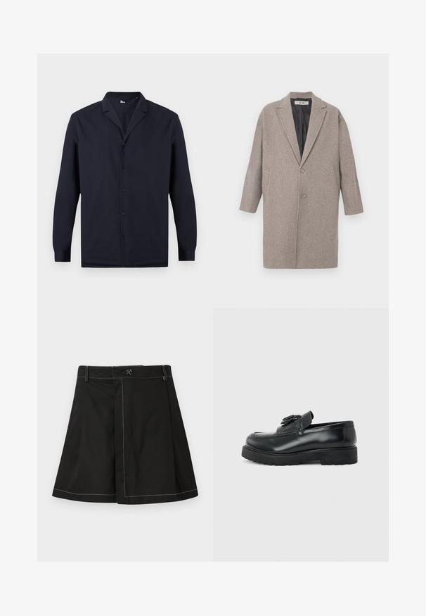 Manteau en laine grise avec un col cranté, deux poches avant, fermeture à un bouton et une doublure intérieure lisse. Coupe ajustée, oversize.; Chemise noire à manches longues avec boutons et col cranté, présentée sur un fond blanc.; Jupe noire évasée avec coutures contrastantes blanches, passants de ceinture et un petit logo marteau croisé au centre avant de la taille.; Mocassin en cuir noir avec pampilles, semelle épaisse en caoutchouc et talon bas, présenté de profil sur un fond uni.